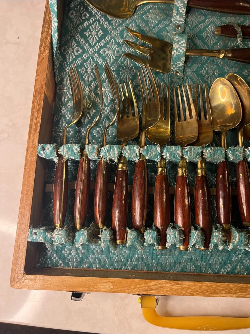 Vintage brass flatware 29 pieces rosewood handles.  Wood  handled chest Bangkok